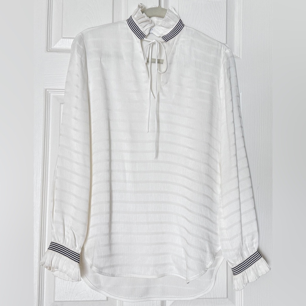 SANDRO Elegant White Tunic Top With Blue/White Stripe And Pleaded Stand-Collar